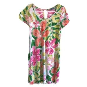 VTG Jams World Hawaiian Dress Cap Sleeve Keyhole Neon Floral Botanical Waioli XS